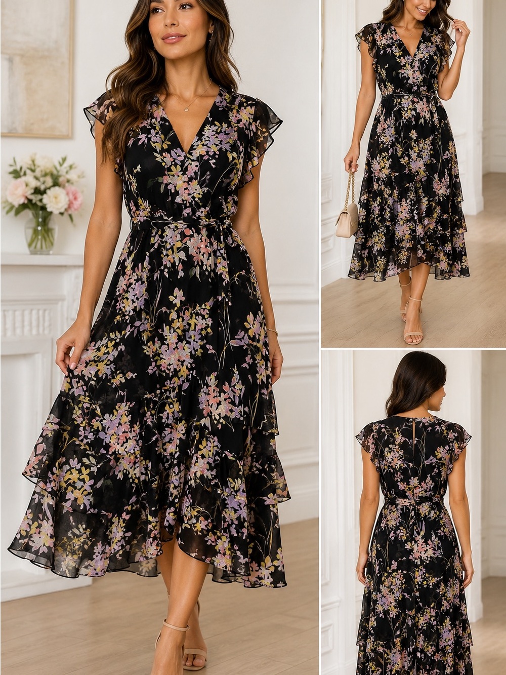 Calvin Klein Black Floral Wrap Midi Dress
